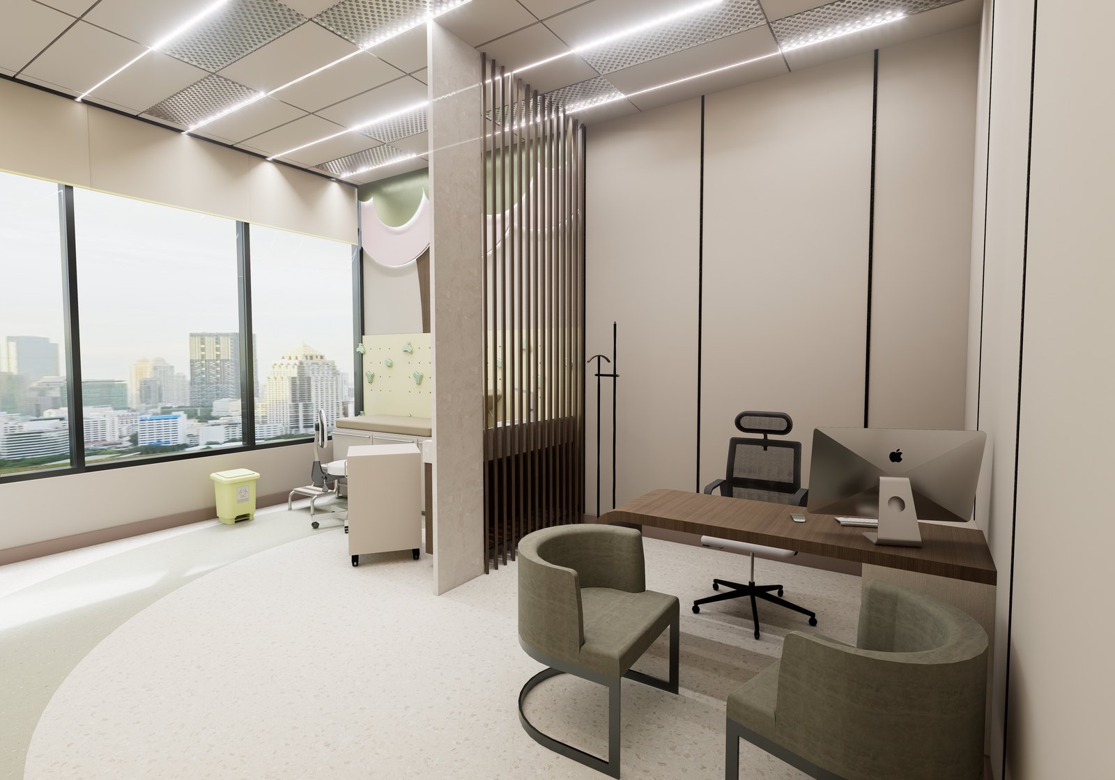 Pediatric consultation room with desk and lounge chairs