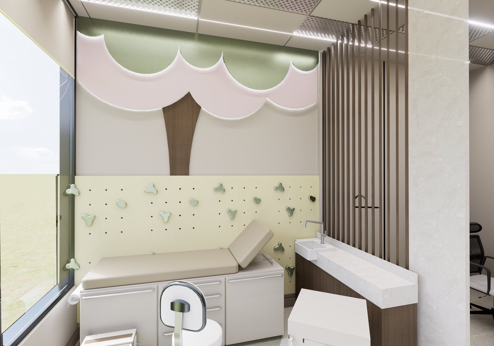 Pediatric examination corner with tree motif