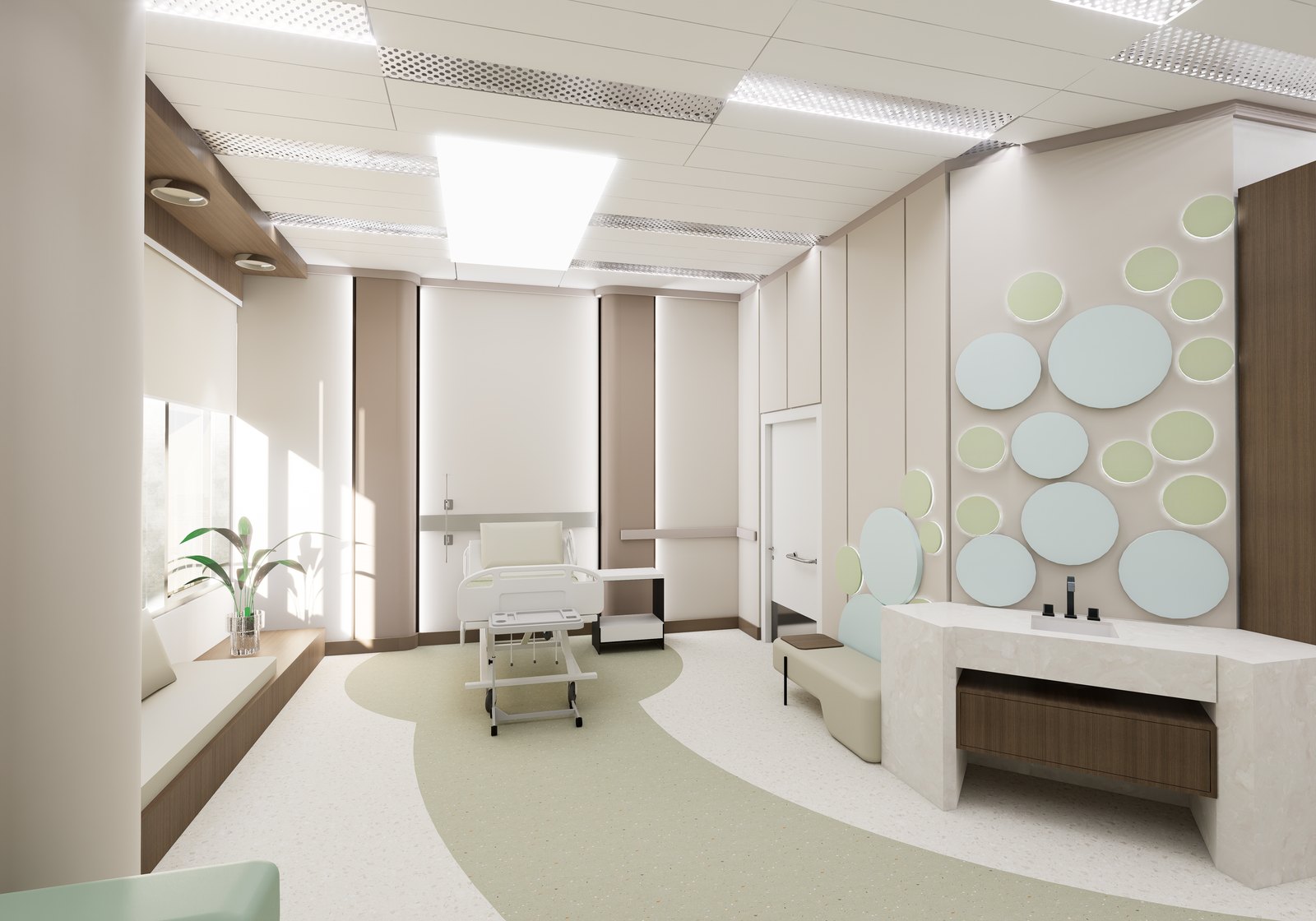 Inpatient room with playful wall circles