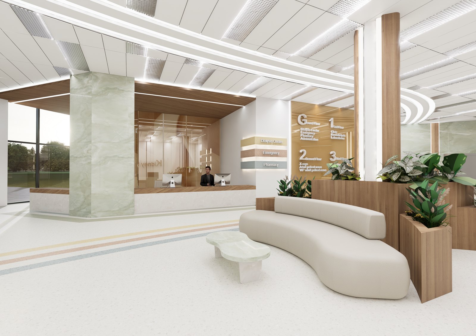 Hospital reception with planters and curved seating