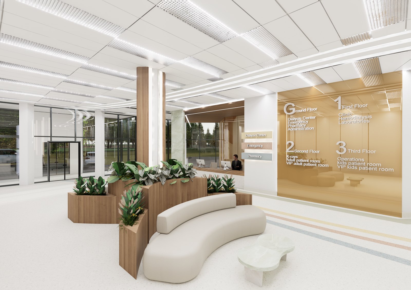 Reception lounge with wayfinding wall