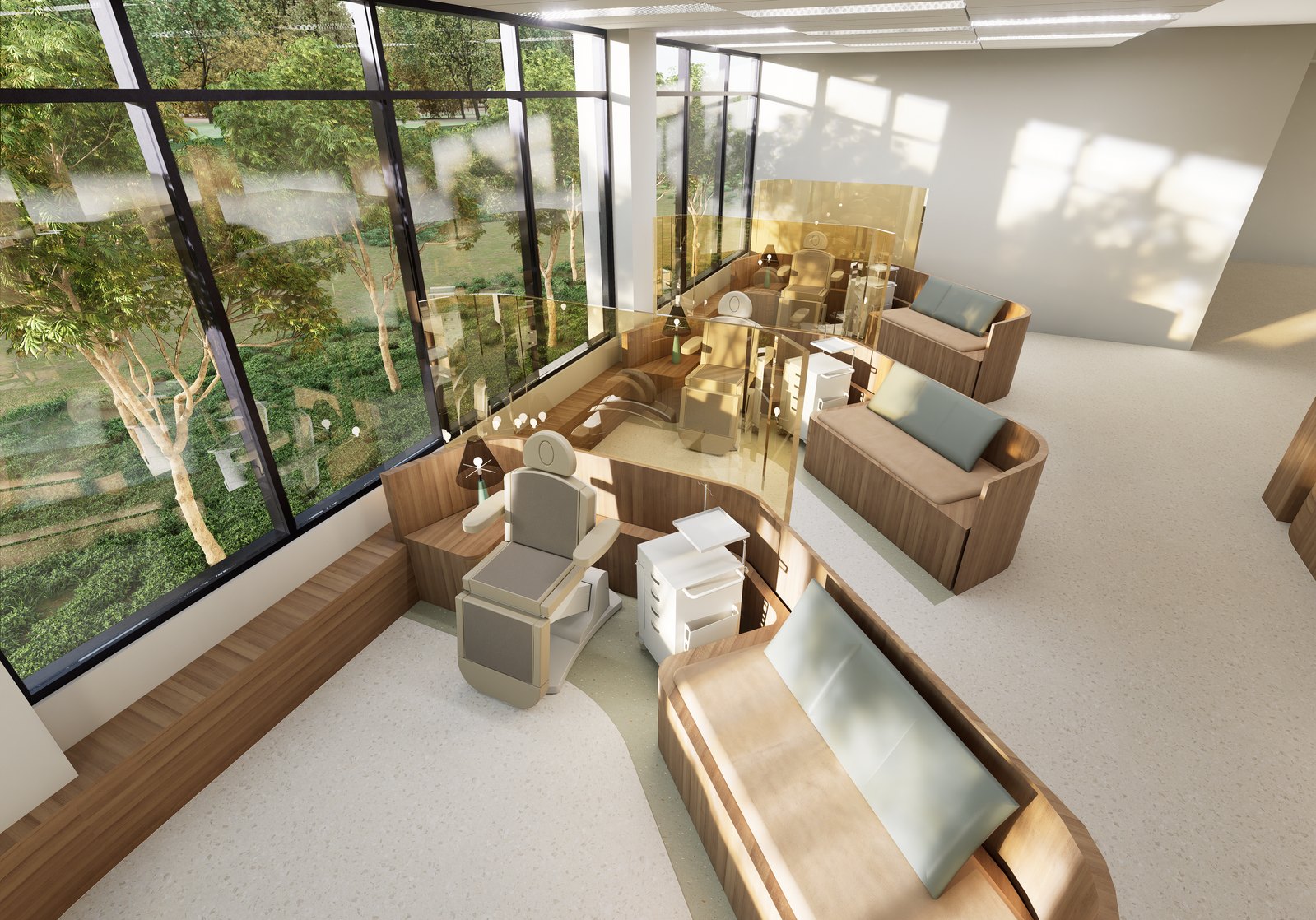 Shared recovery lounge by full-height windows