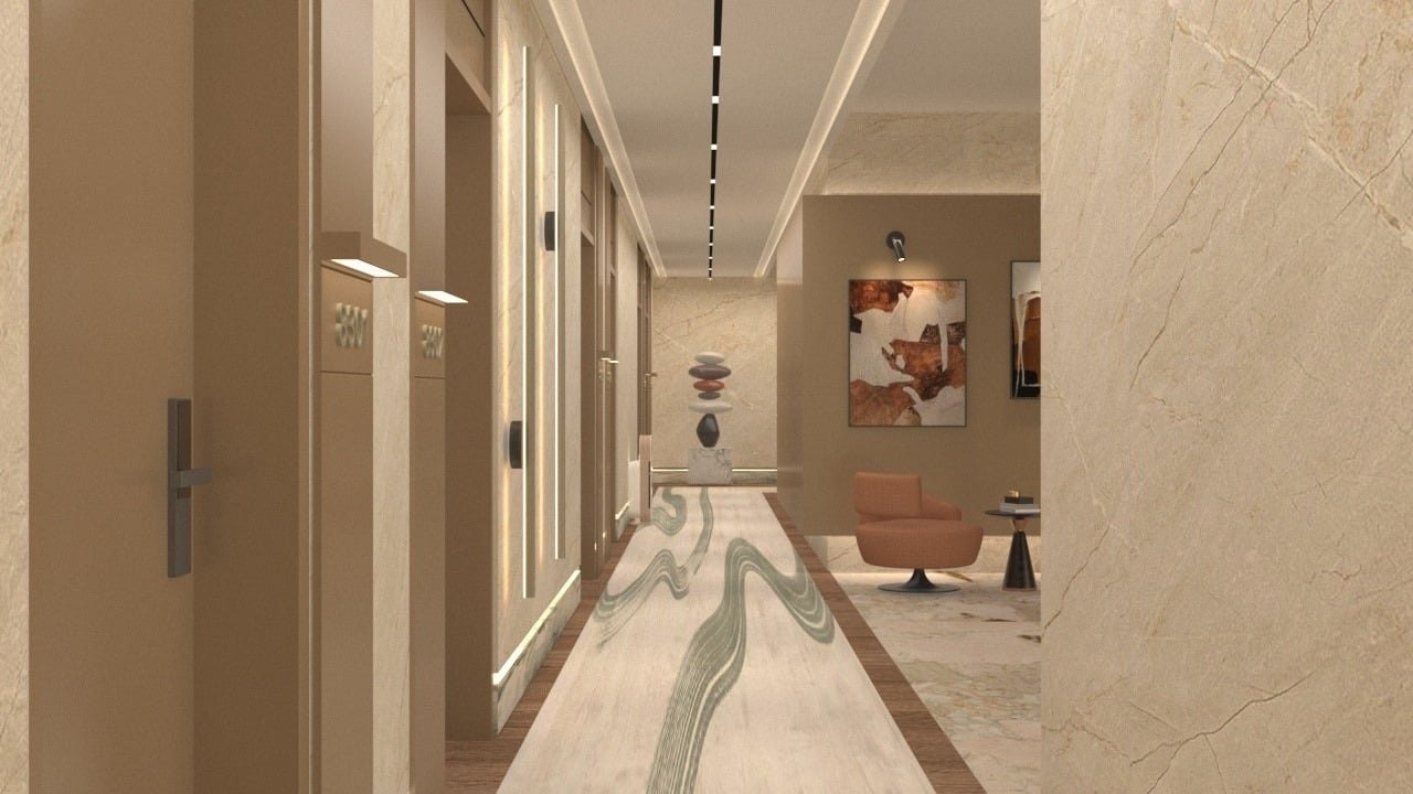 Guest corridor with flowing stone floor pattern