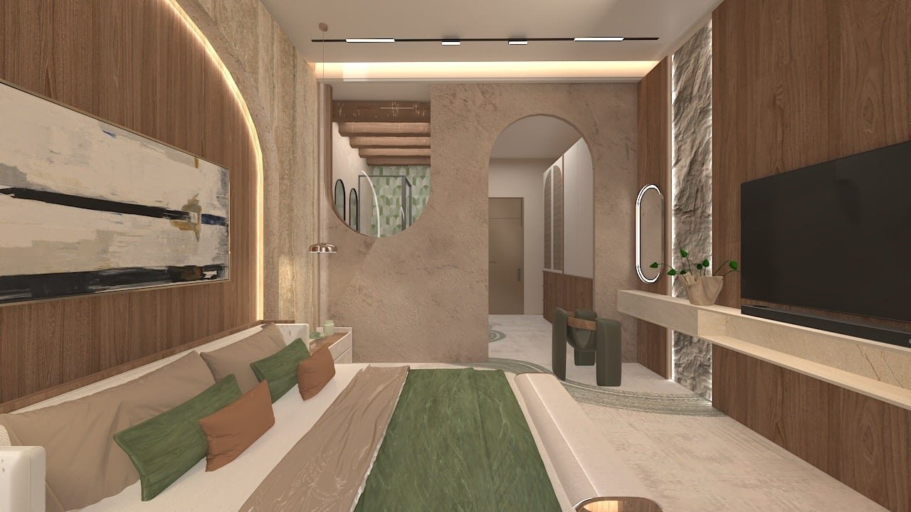 Guest room with green carpet and curved headboard wall