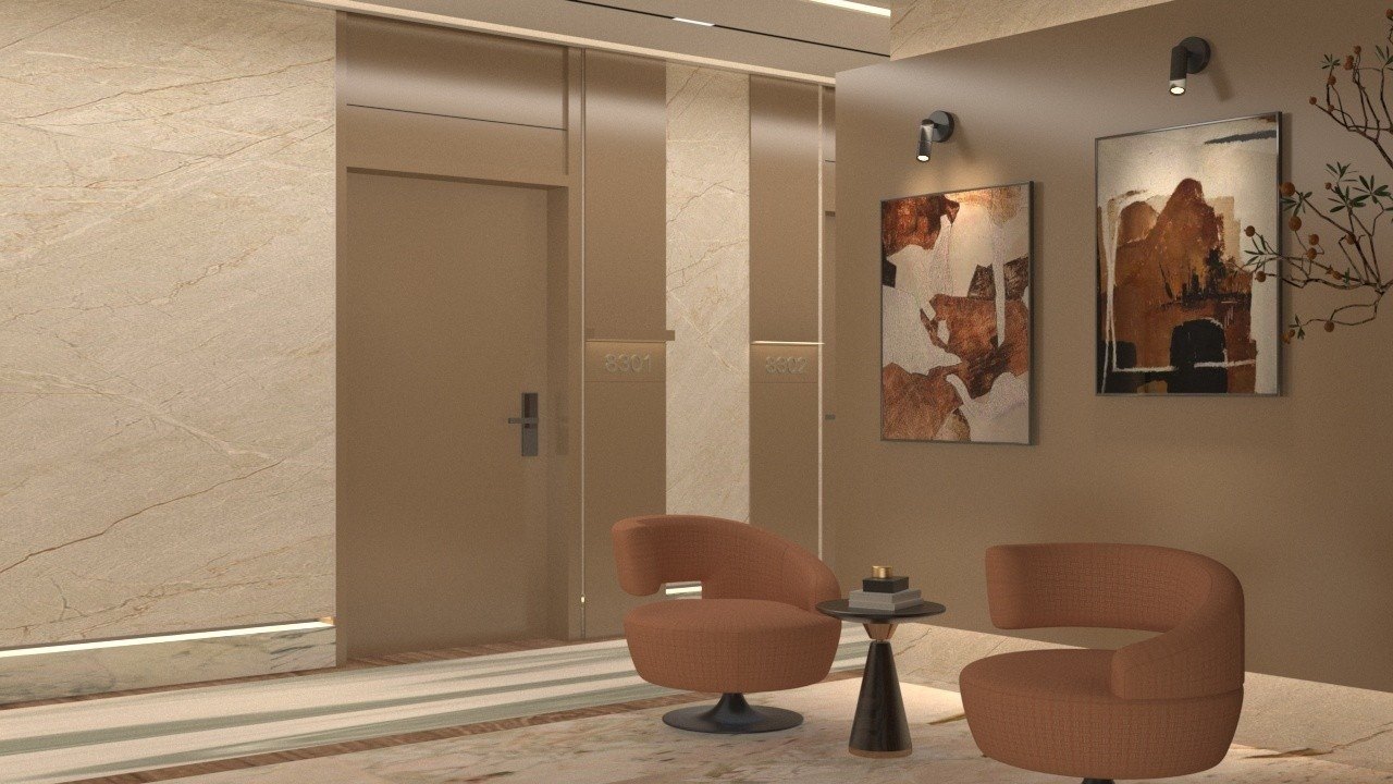 Corridor seating with terracotta lounge chairs