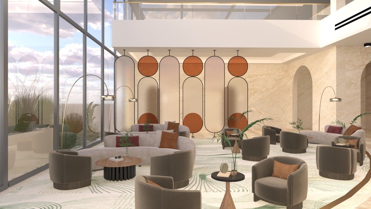 Hotel reception lounge with terracotta arches