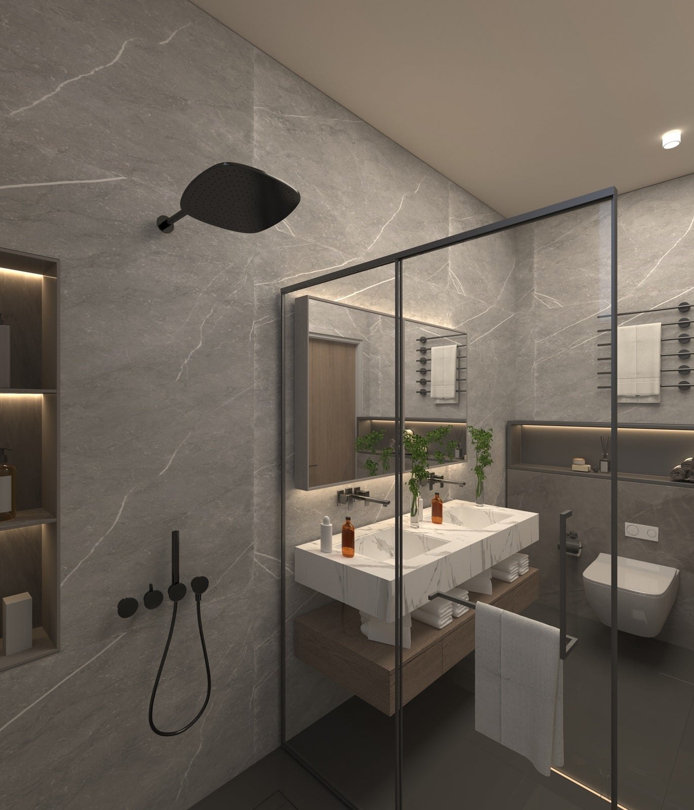 Apartment bathroom in grey stone
