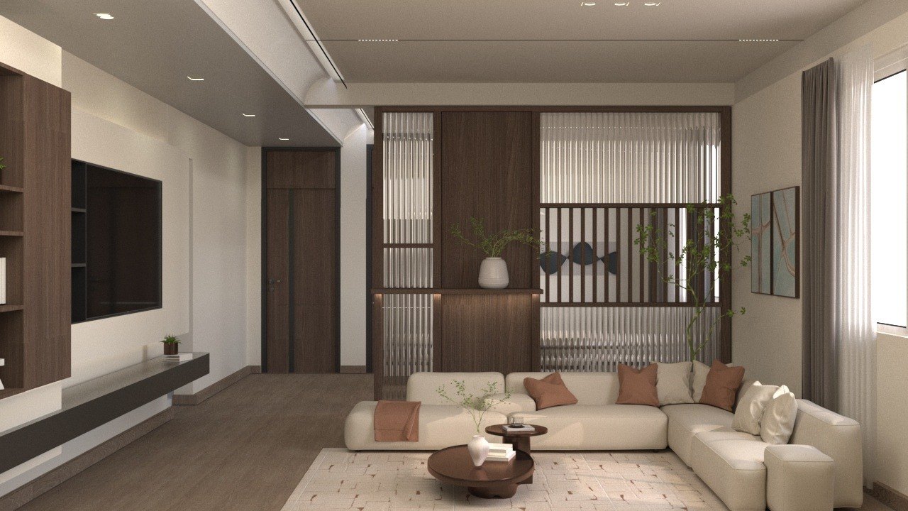 Apartment living room with timber screen
