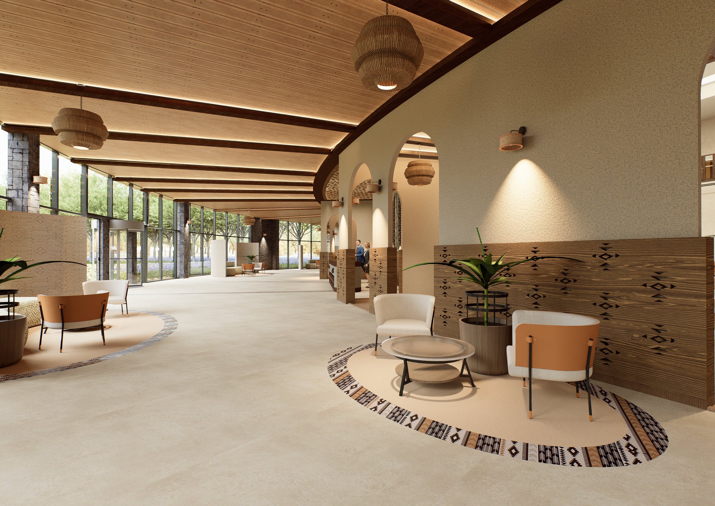 Resort reception lounge with a patterned rug