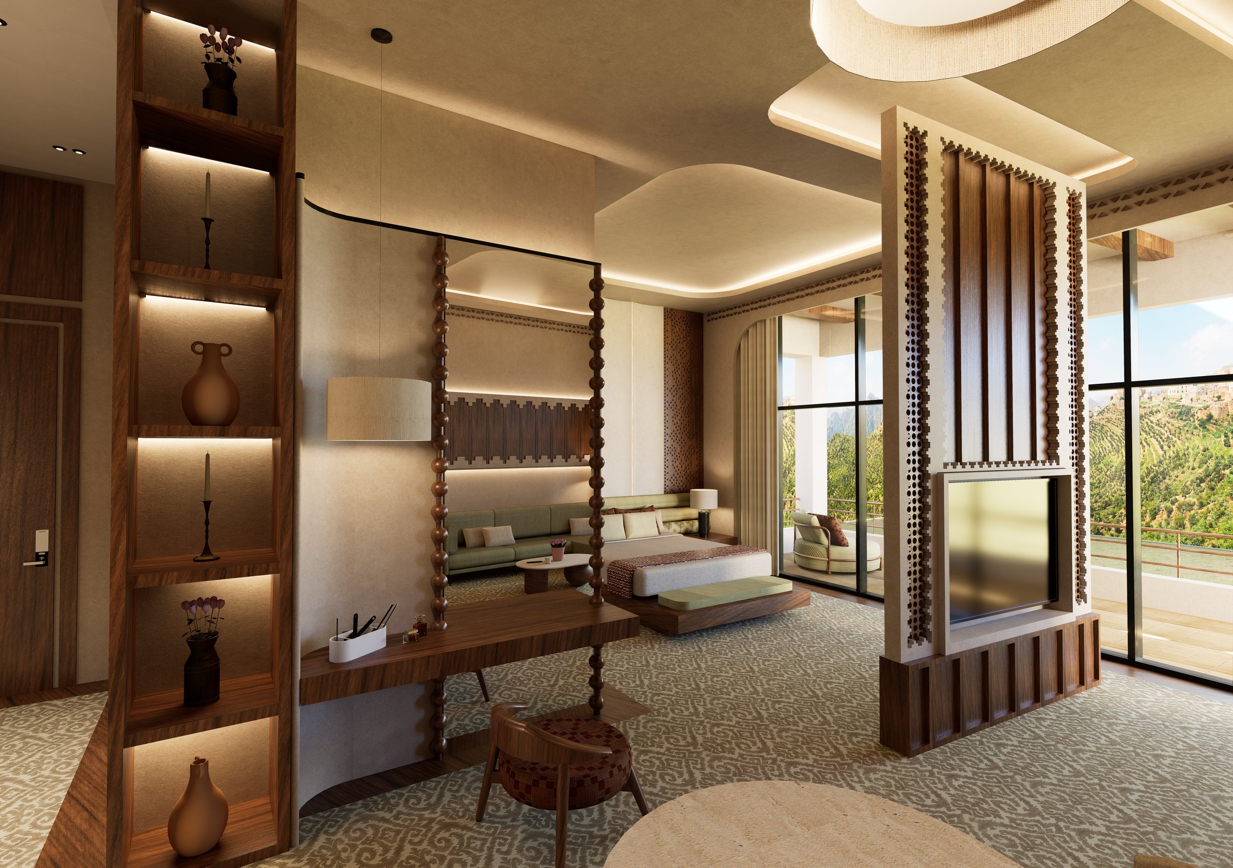 Master room with timber shelving screen