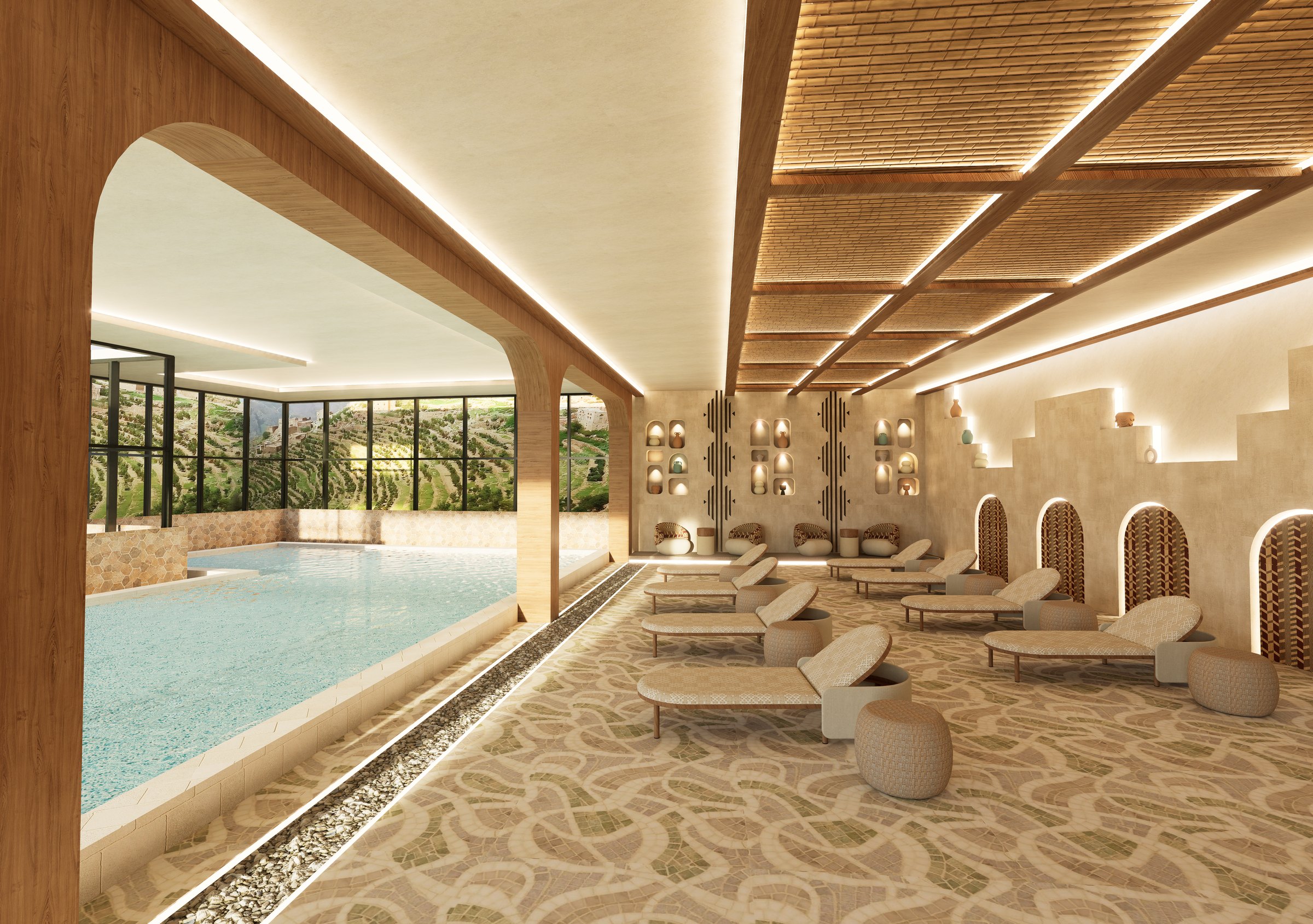 Indoor spa pool with timber ceiling