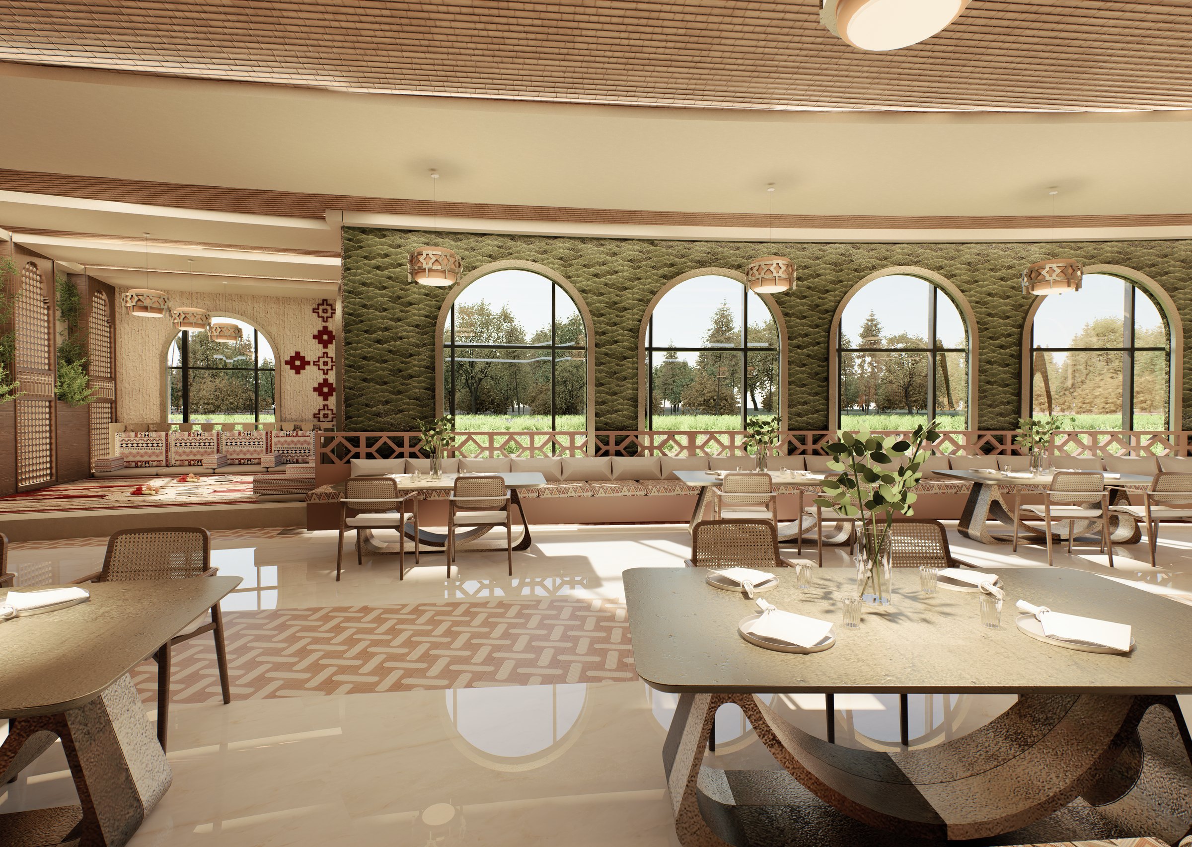 Restaurant dining area with green walls