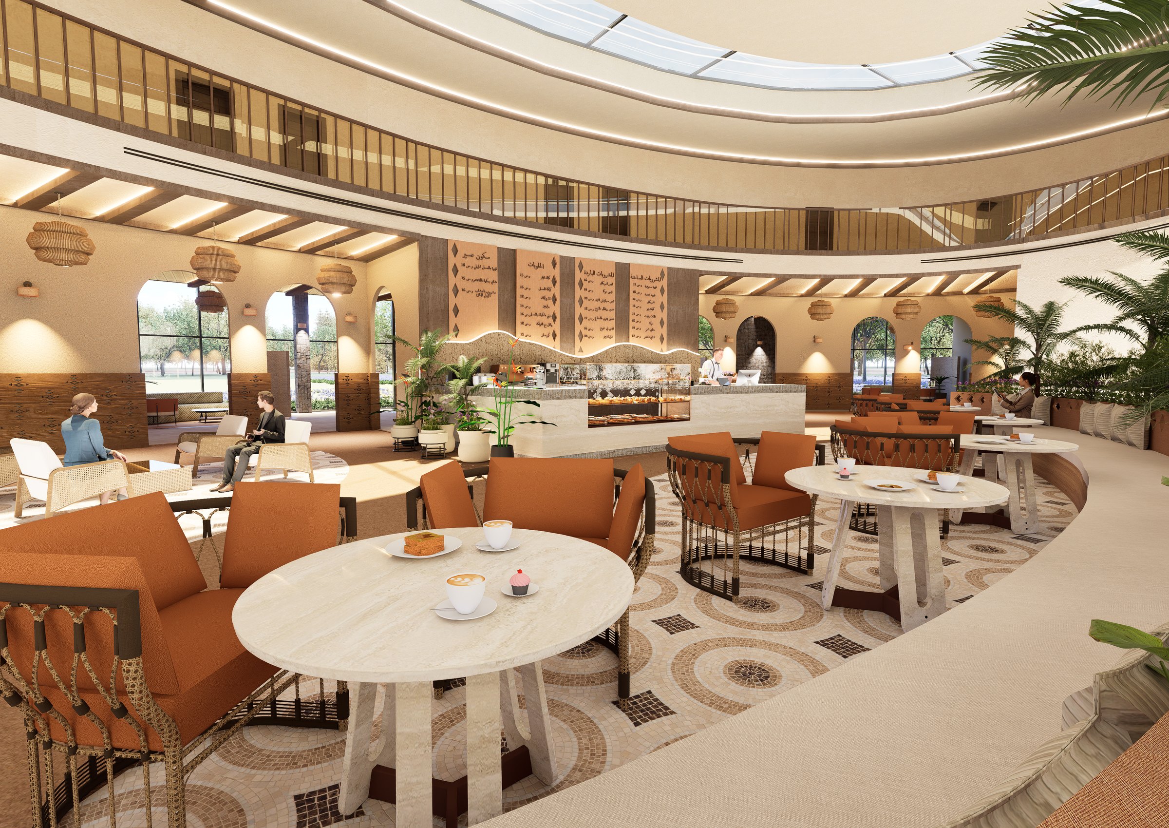 Reception seating area with round tables