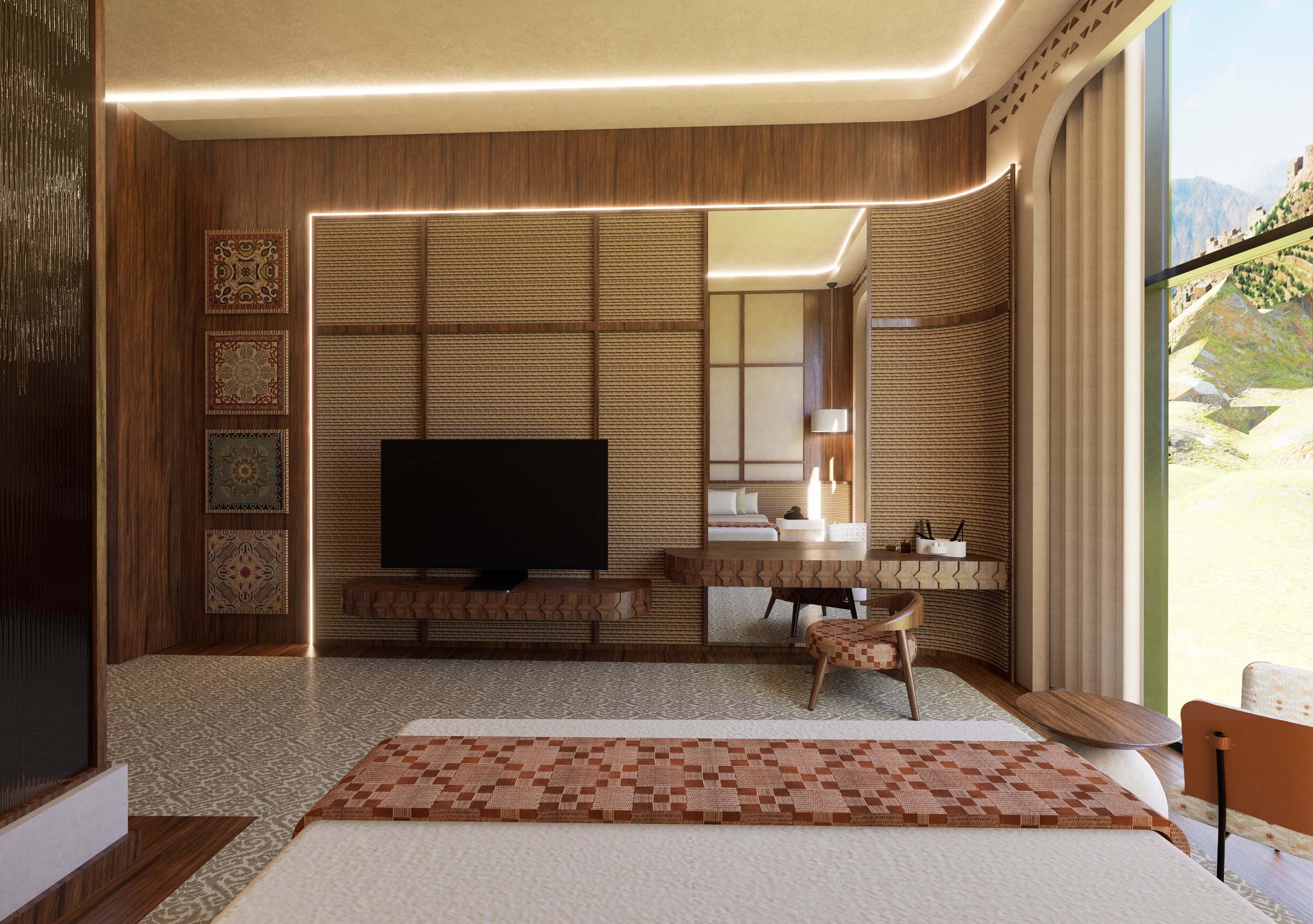 Deluxe room with TV wall and Asiri rug