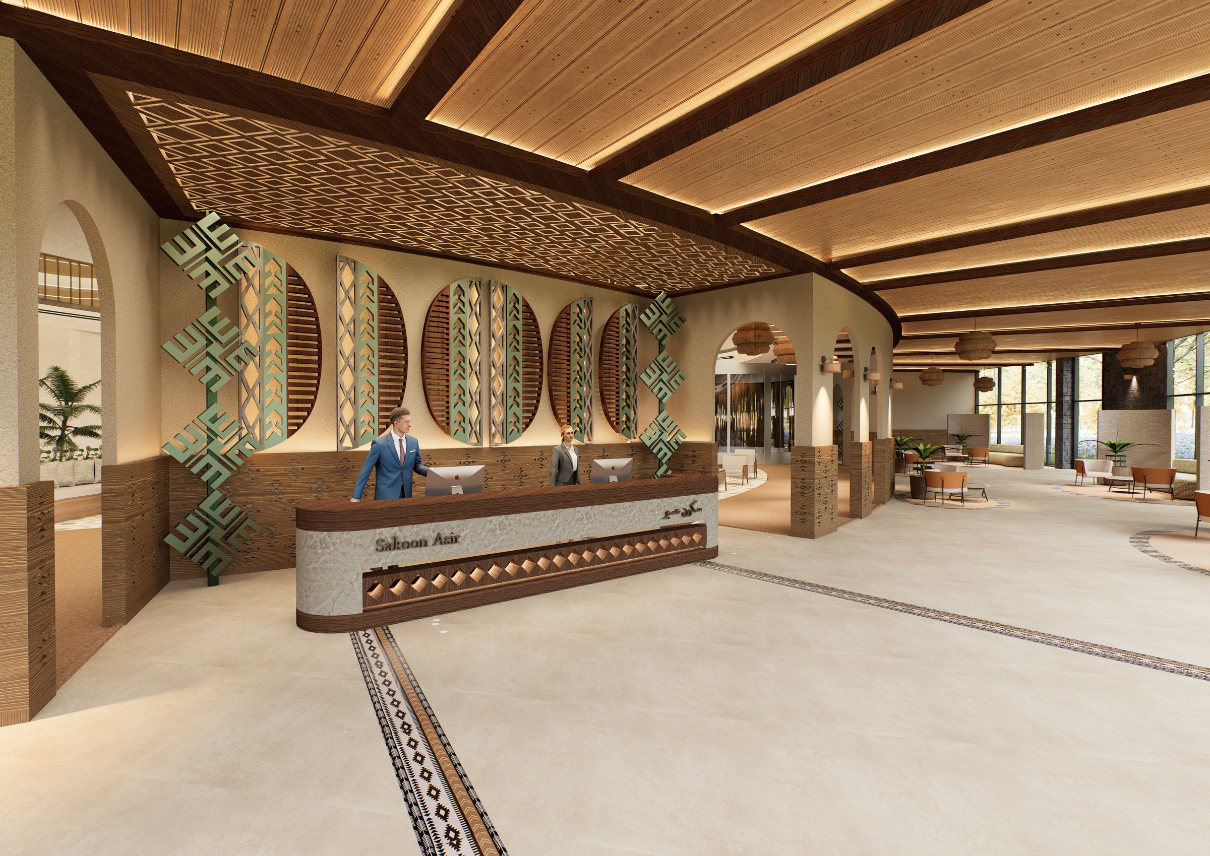 Resort reception desk with arched niches
